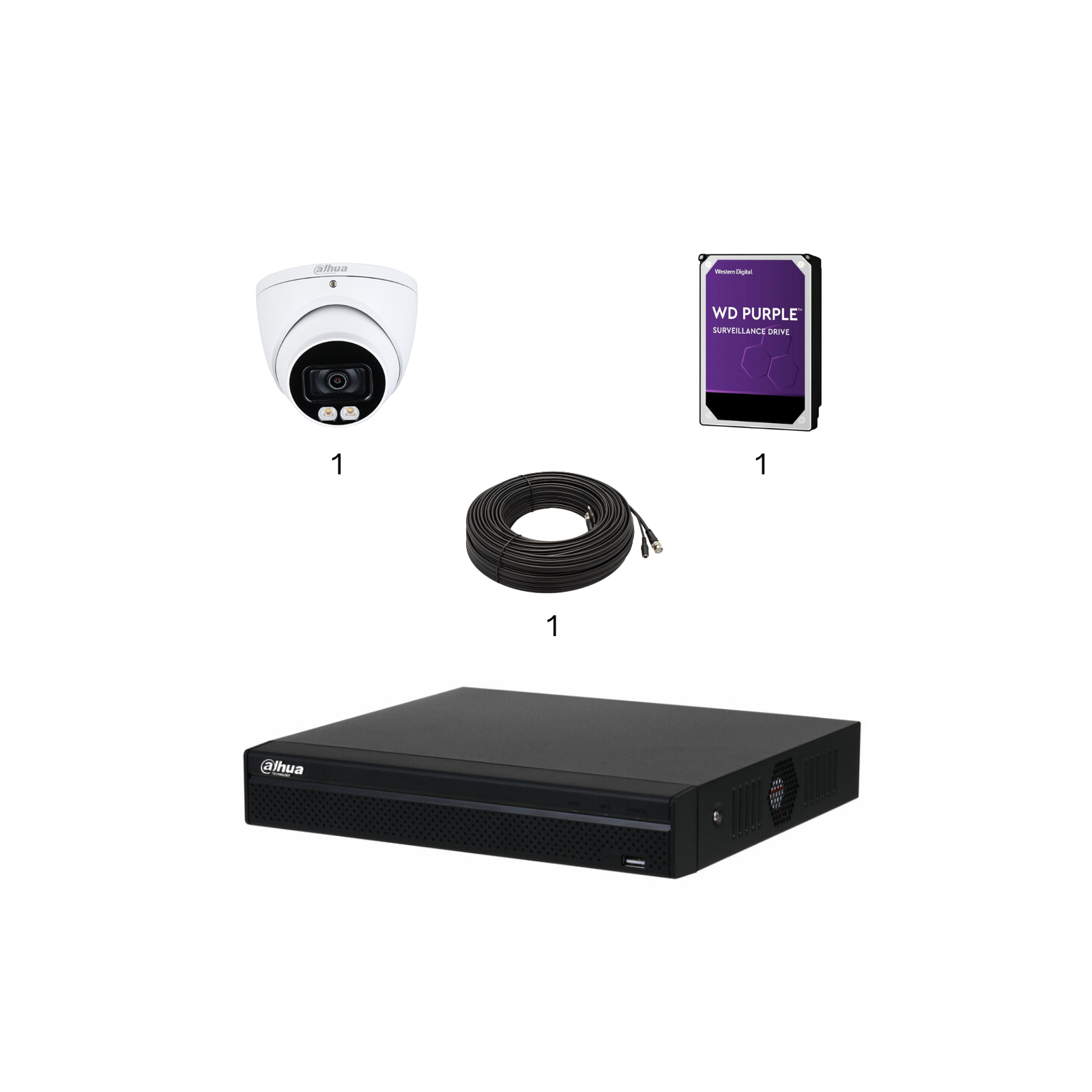 Kit vidéosurveillance analogique : 1 caméra Full Color 5MP | 1 XVR 4 voies | 1 câble | Disque dur | Dôme Dahua