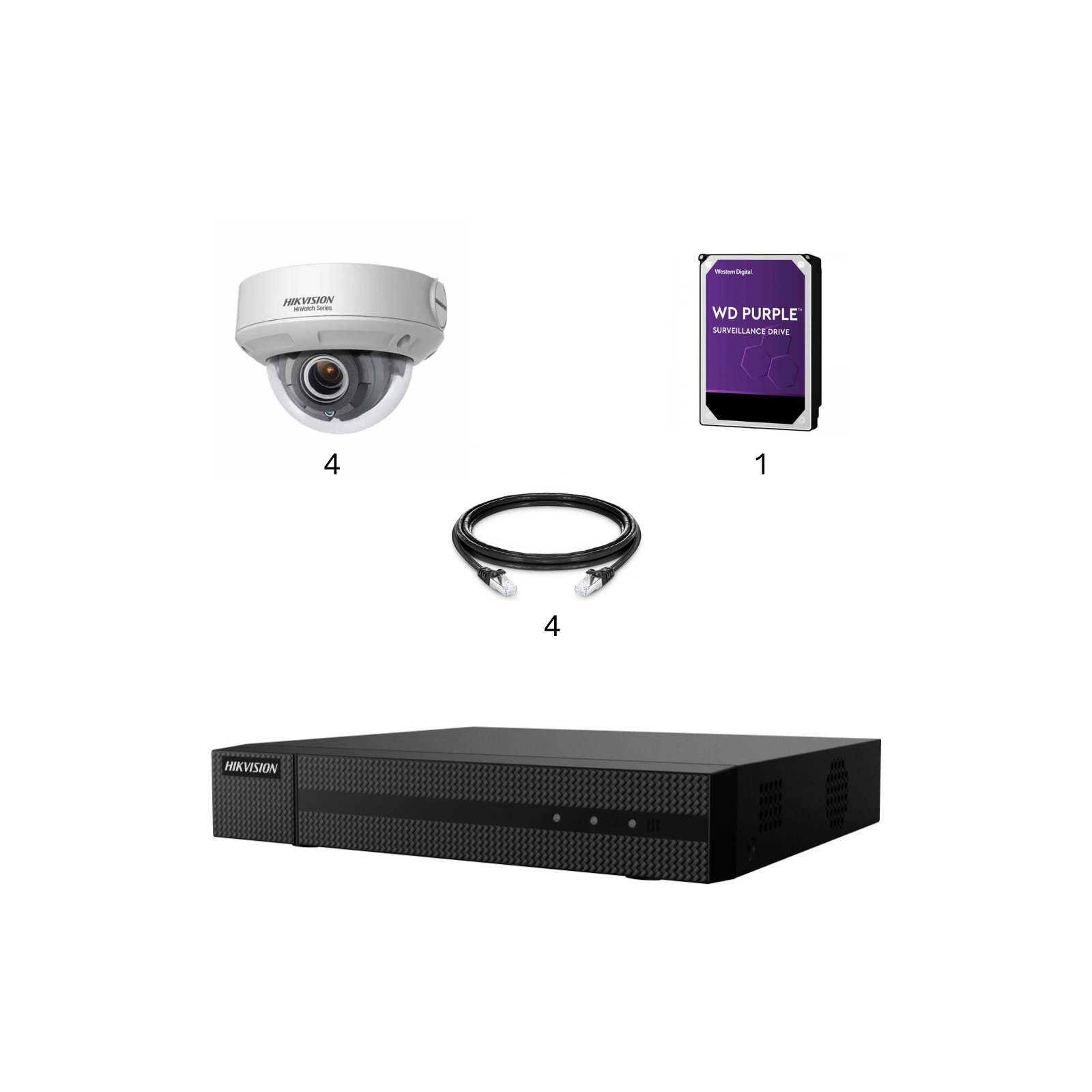 Kit vidéosurveillance 4 caméras | 4 MP | IP PoE | Zoom x4 | 4 câbles RJ45 20/30/40/50 mètres | HDD 1 à 6 To | Dôme Hiwatch|