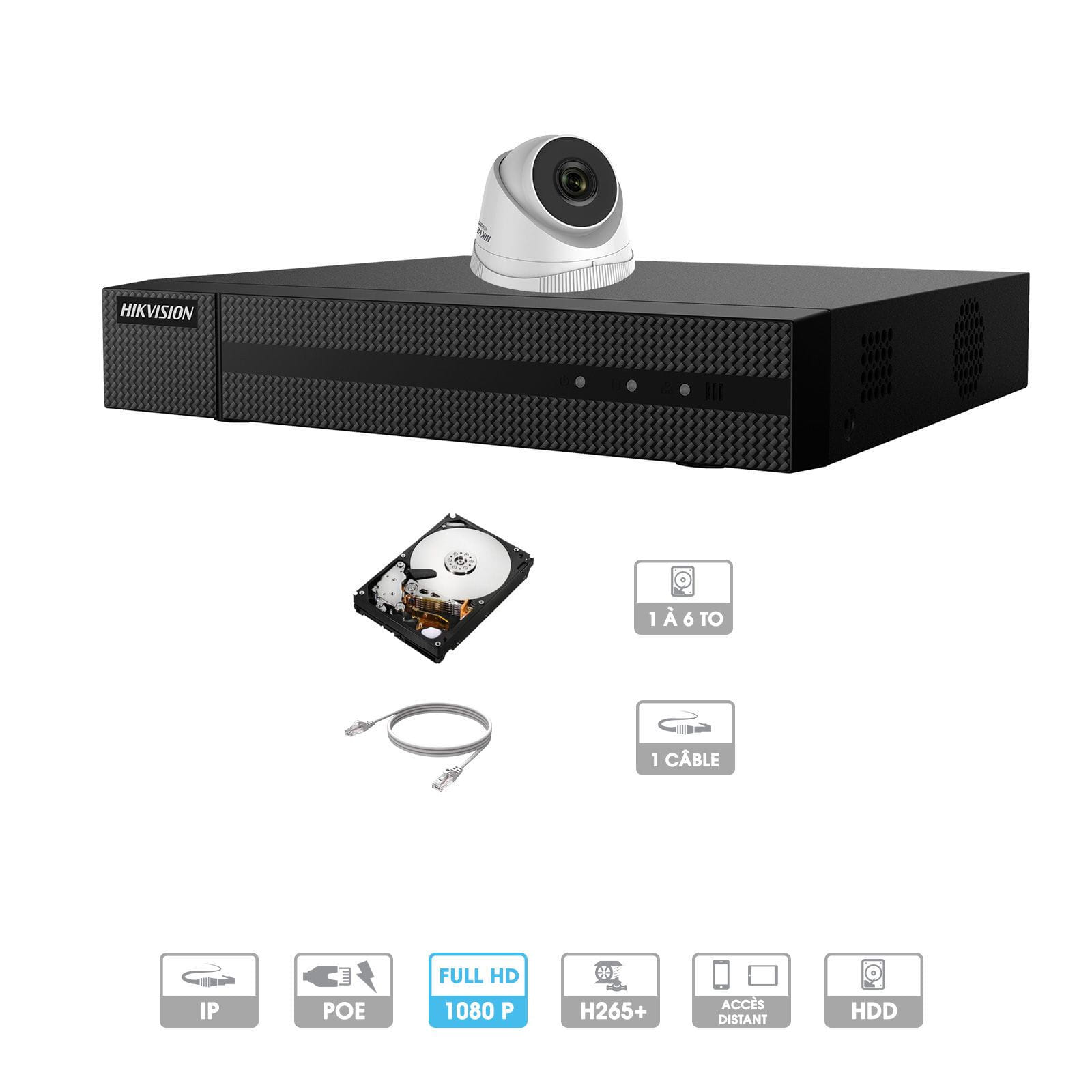 Kit vidéosurveillance 1 caméra 1080P IP PoE | 1 câble RJ45 20/30/40/50 mètres | HDD 1 à 6 To | Dômes Hiwatch
