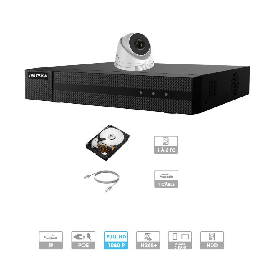 Kit vidéosurveillance 1 caméra 1080P IP PoE | 1 câble RJ45 20/30/40/50 mètres | HDD 1 à 6 To | Dômes Hiwatch