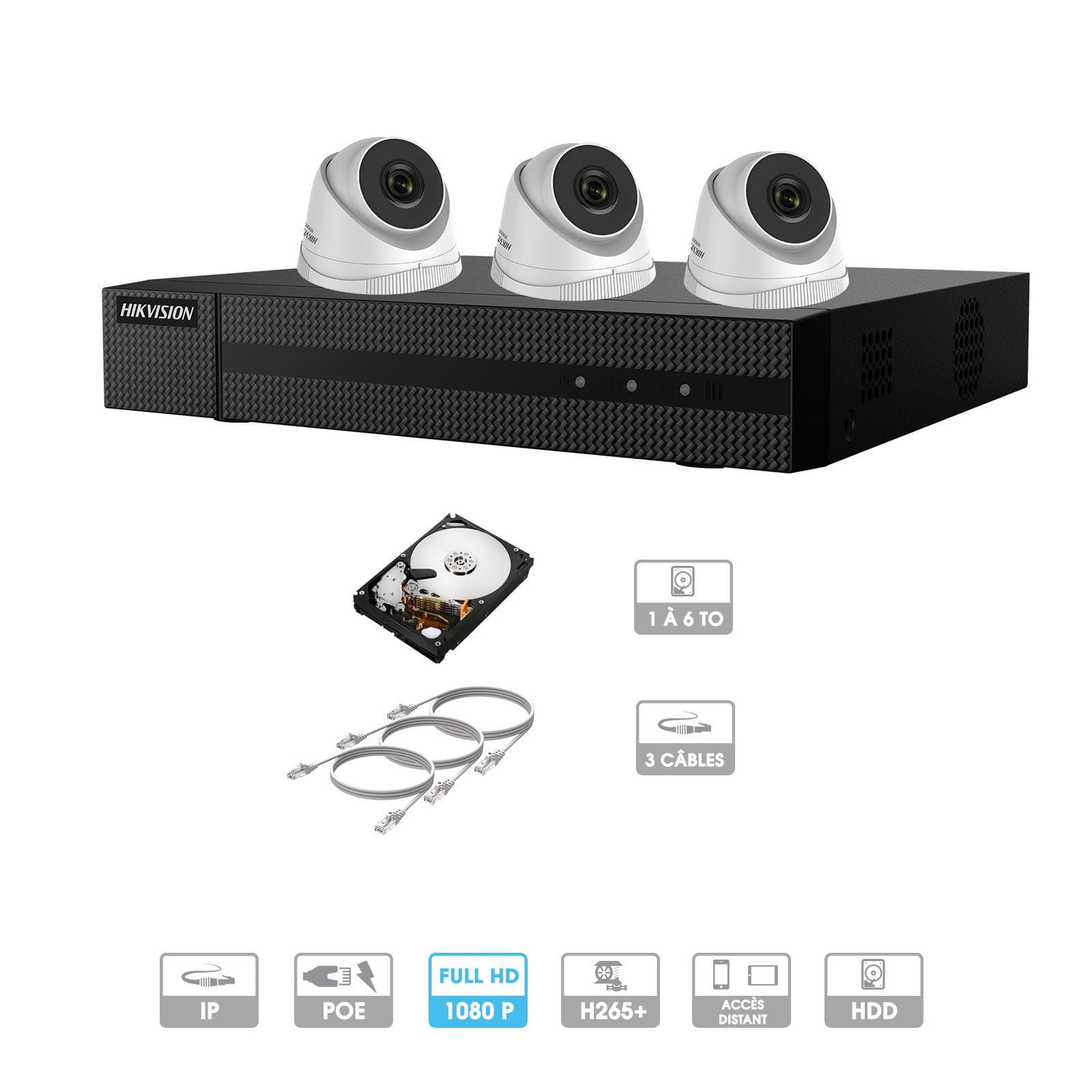 Kit vidéosurveillance 3 caméras 1080P IP PoE | 3 câbles RJ45 20/30/40/50 mètres | HDD 1 à 6 To | Dômes Hiwatch