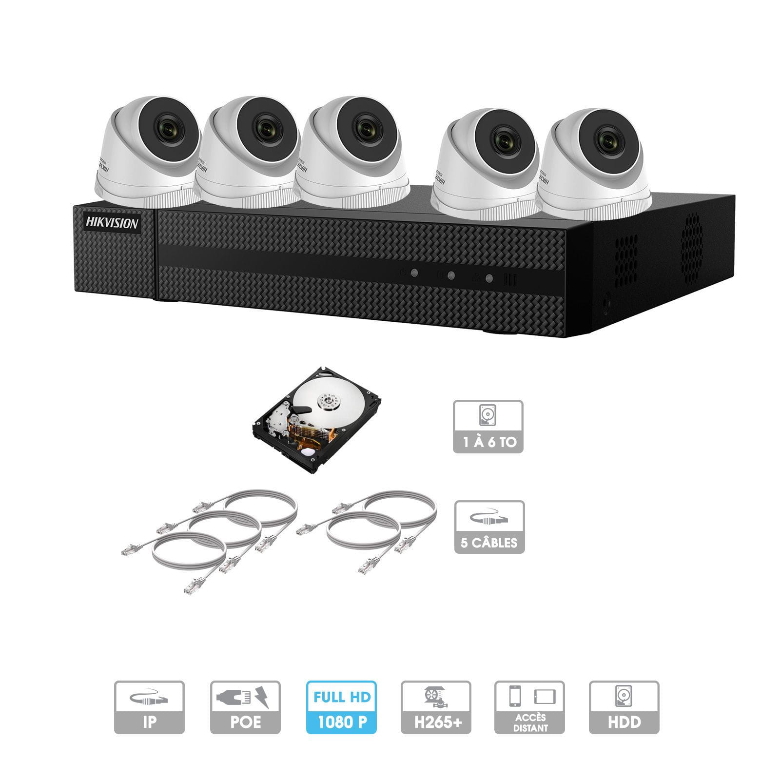 Kit vidéosurveillance 5 caméras 1080P IP PoE | 5 câbles RJ45 20/30/40/50 mètres | HDD 1 à 6 To | Dômes Hiwatch