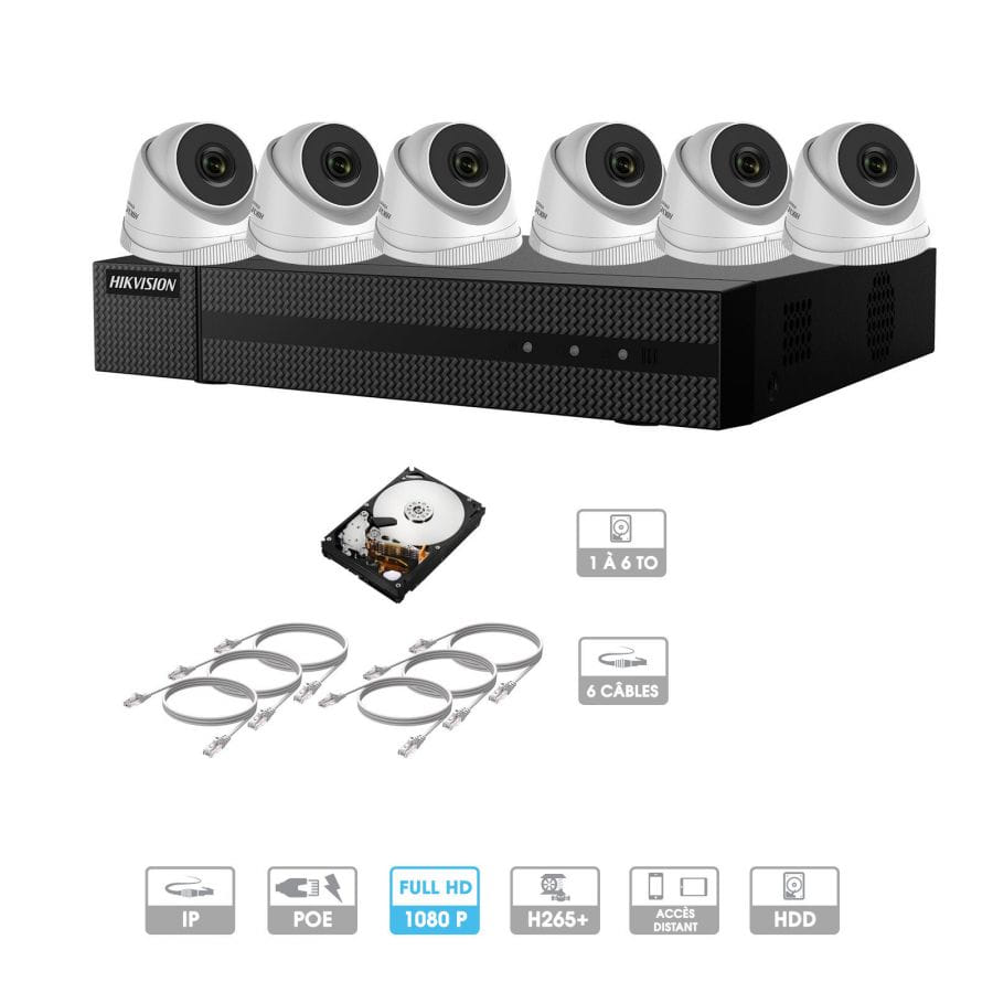 Kit vidéosurveillance 6 caméras 1080P IP PoE | 6 câbles RJ45 20/30/40/50 mètres | HDD 1 à 6 To | Dômes Hiwatch