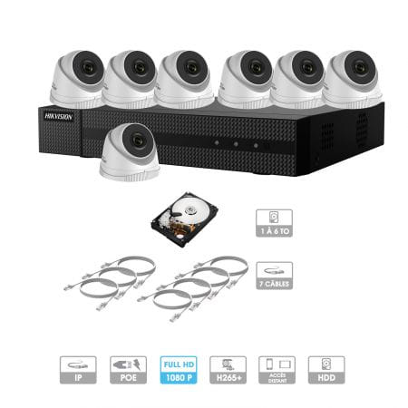 Kit vidéosurveillance 7 caméras 1080P IP PoE | 7 câbles RJ45 20/30/40/50 mètres | HDD 1 à 6 To | Dômes Hiwatch