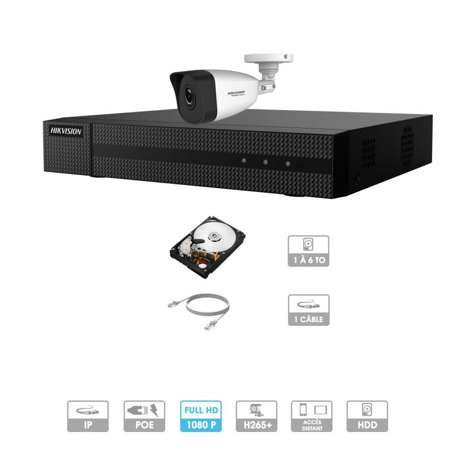 Kit vidéosurveillance 1 caméra 1080P IP PoE | 1 câble RJ45 20/30/40/50 mètres | HDD 1 à 6 To | Tube Hiwatch