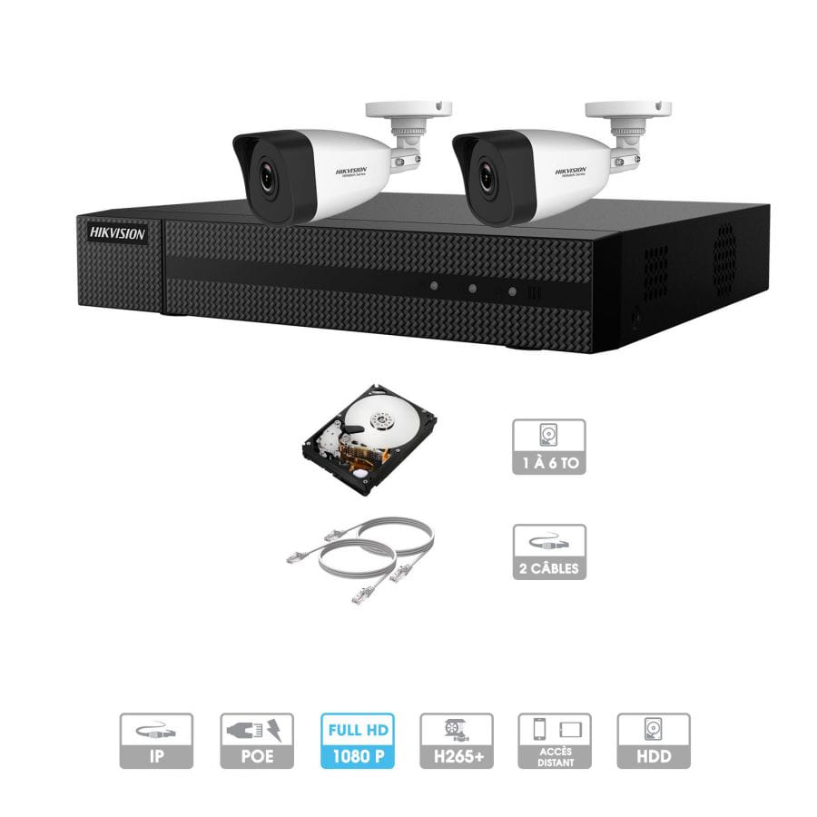 Kit vidéosurveillance 2 caméras 1080P IP PoE | 2 câbles RJ45 20/30/40/50 mètres | HDD 1 à 6 To | Dômes Hiwatch