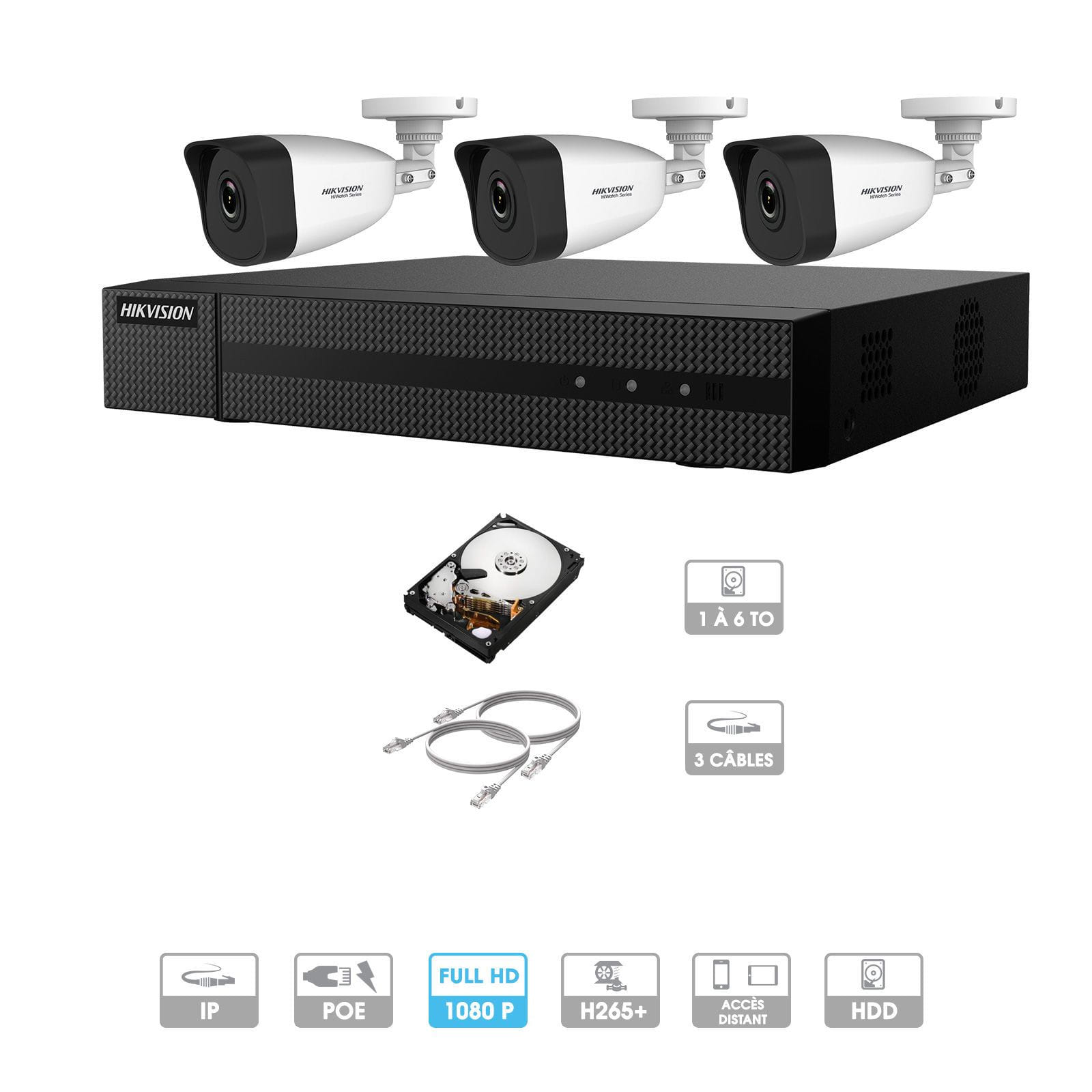 Kit vidéosurveillance 3 caméras 1080P IP PoE | 3 câbles RJ45 20/30/40/50 mètres | HDD 1 à 6 To | Tubes Hiwatch