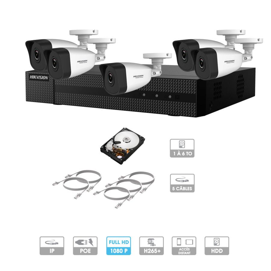 Kit vidéosurveillance 5 caméras 1080P IP PoE | 5 câbles RJ45 20/30/40/50 mètres | HDD 1 à 6 To | Tubes Hiwatch