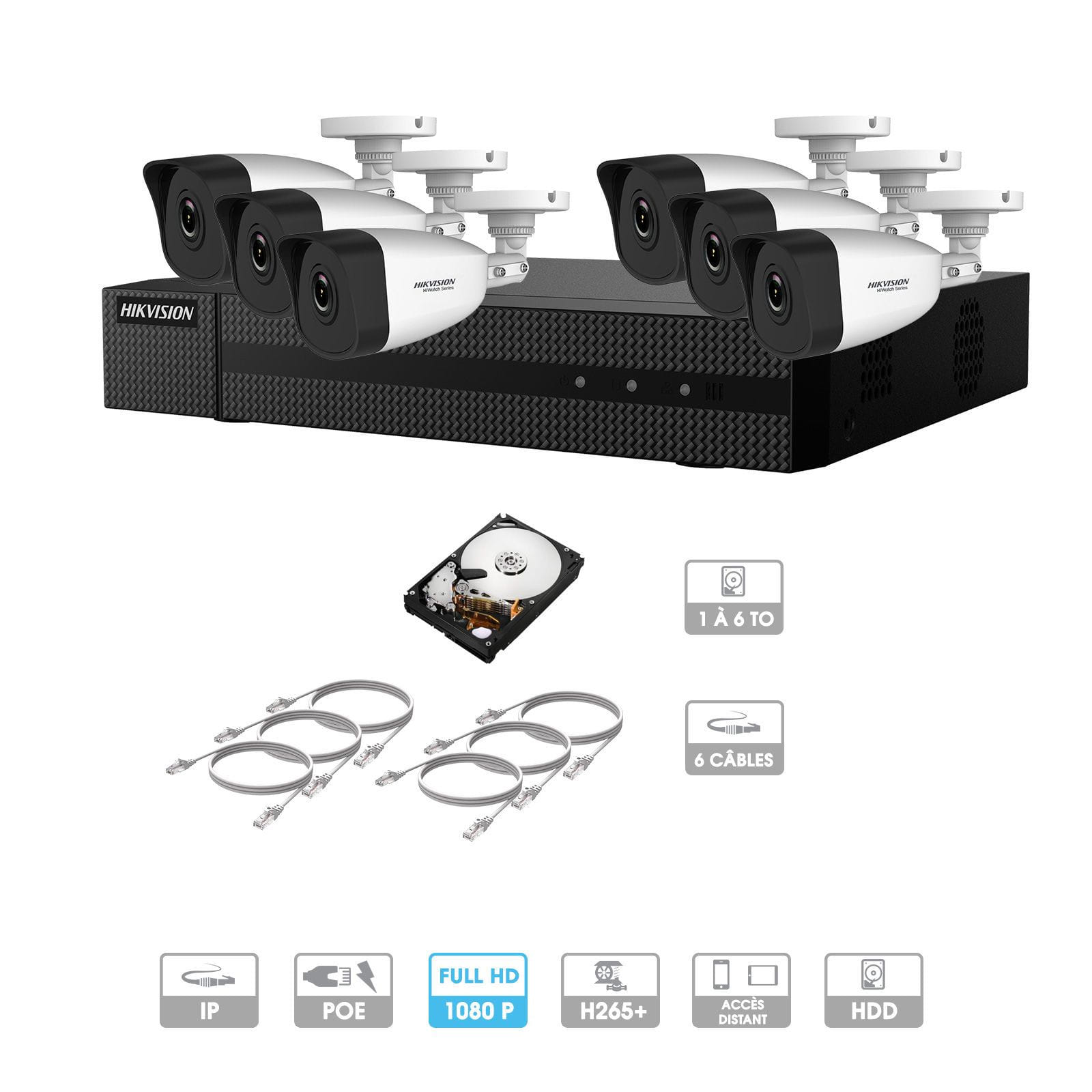 Kit vidéosurveillance 6 caméras 1080P IP PoE | 6 câbles RJ45 20/30/40/50 mètres | HDD 1 à 6 To | Tubes Hiwatch