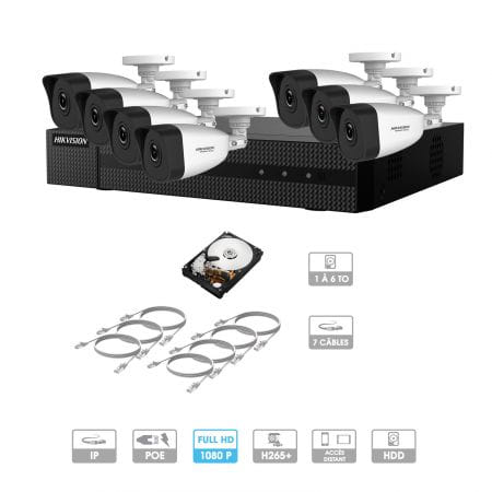 Kit vidéosurveillance 7 caméras 1080P IP PoE | 7 câbles RJ45 20/30/40/50 mètres | HDD 1 à 6 To | Tubes Hiwatch