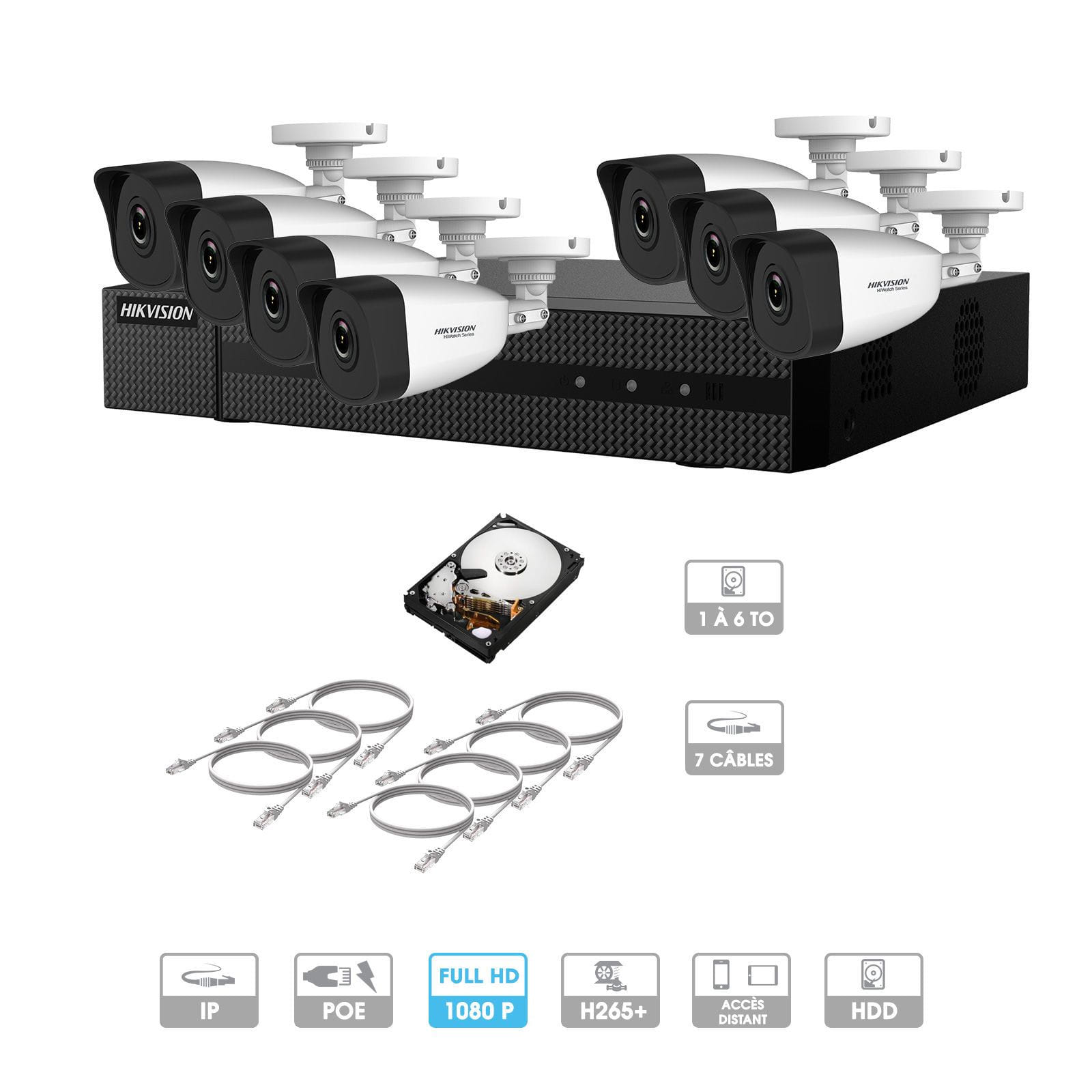 Kit vidéosurveillance 7 caméras 1080P IP PoE | 7 câbles RJ45 20/30/40/50 mètres | HDD 1 à 6 To | Tubes Hiwatch