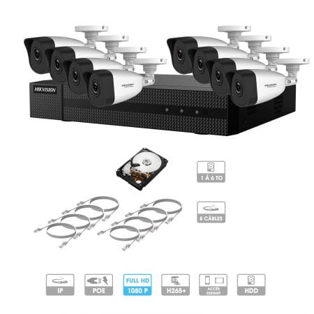 Kit vidéosurveillance 8 caméras 1080P IP PoE | 8 câbles RJ45 20/30/40/50 mètres | HDD 1 à 6 To | Tubes Hiwatch