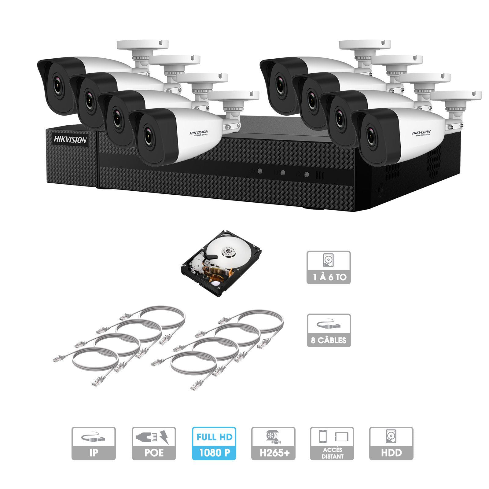 Kit vidéosurveillance 8 caméras 1080P IP PoE | 8 câbles RJ45 20/30/40/50 mètres | HDD 1 à 6 To | Tubes Hiwatch
