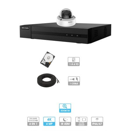 Kit vidéosurveillance 1 caméra | 4MP HD | 1 câble 20 mètres | HDD 1To | Dômes Hiwatch | Zoom x 4 | Antivandalisme