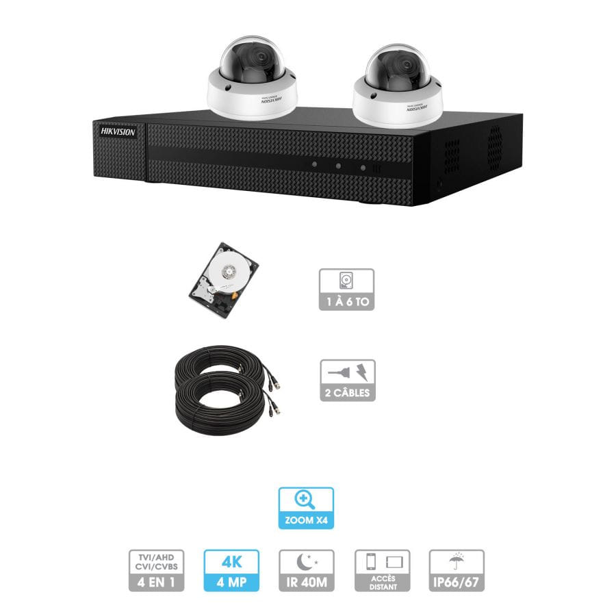 Kit vidéosurveillance 2 caméras | 4MP HD | 2 câbles 20 mètres | HDD 1To | Dômes Hiwatch | Zoom x 4 | Antivandalisme