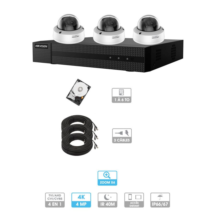 Kit vidéosurveillance 3 caméras | 4MP HD | 3 câbles 20 mètres | HDD 1To | Dômes Hiwatch | Zoom x 4 | Antivandalisme