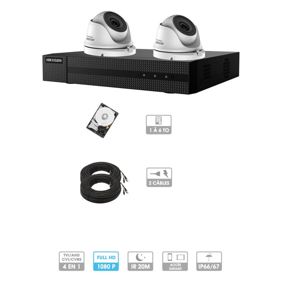 Kit vidéosurveillance 2 caméras 1080P HD | 2 câbles 20 mètres | HDD 1To | Dômes Hiwatch