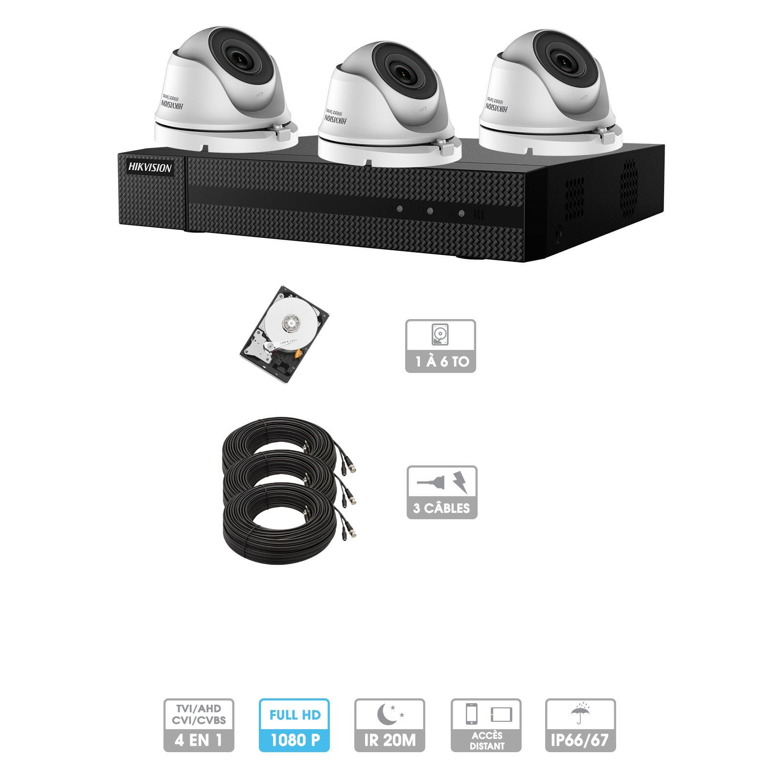 Kit vidéosurveillance 3 caméras 1080P HD | 3 câbles 20 mètres | HDD 1To | Dômes Hiwatch