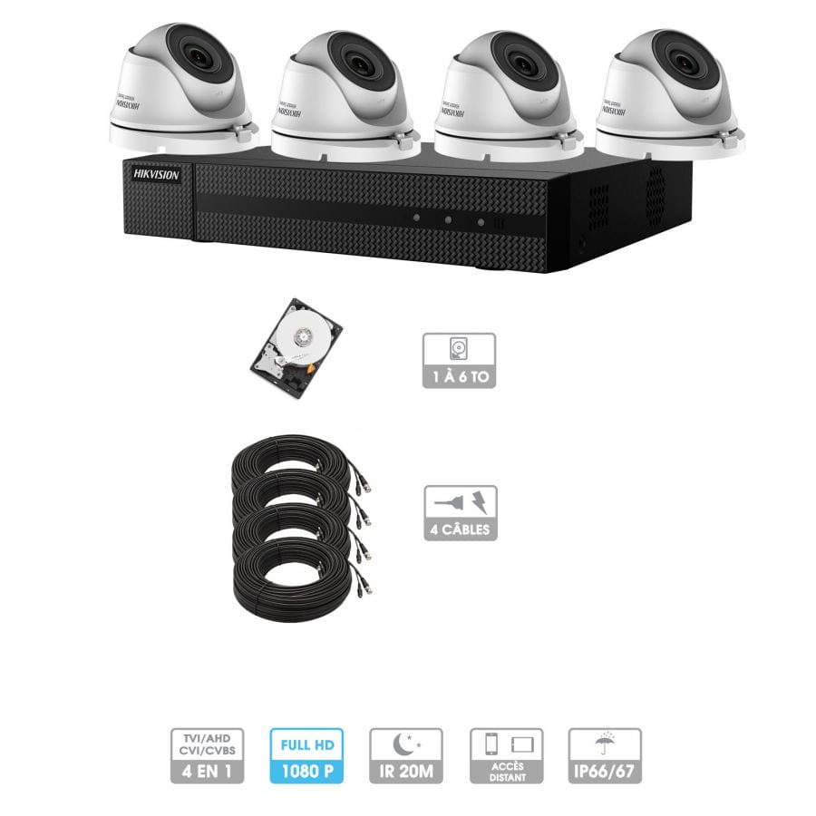 Kit vidéosurveillance 4 caméras 1080P HD | 4 câble 20 mètres | HDD 1To | Dôme Hiwatch