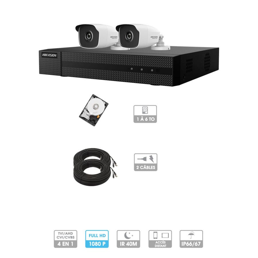 Kit vidéosurveillance 2 caméras 1080P HD | 2 câbles 20 mètres | HDD 1To | Tubes Hiwatch