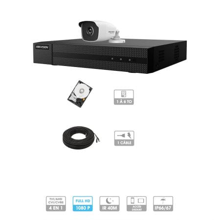 Kit vidéosurveillance 1 caméra 1080P HD | 1 câble 20 mètres | HDD 1To | Tubes Hiwatch