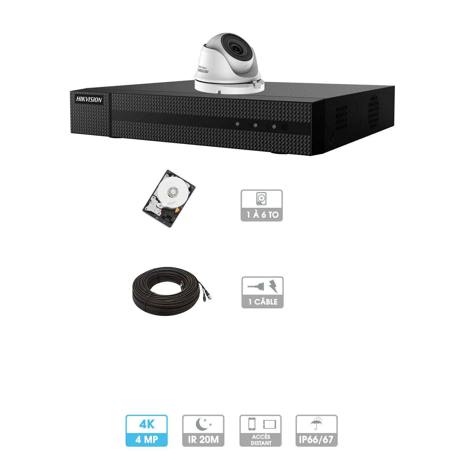 Kit vidéosurveillance 1 caméra | 4MP HD | 1 câble 20 mètres | HDD 1To | Dômes Hiwatch