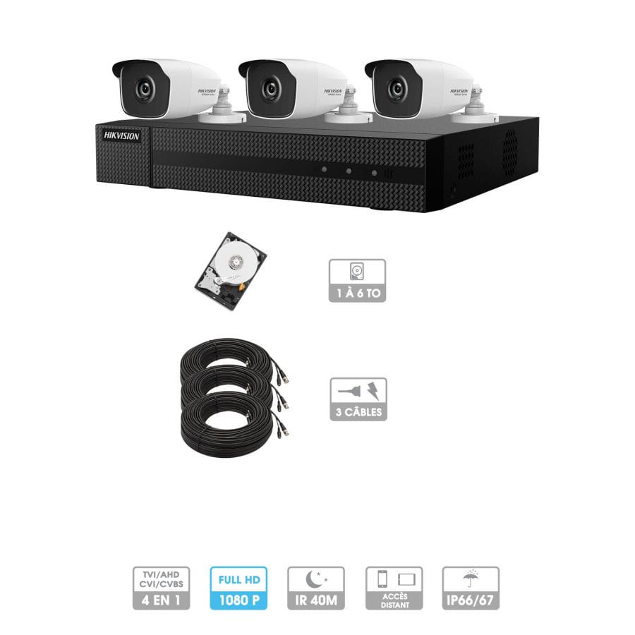 Kit vidéosurveillance 3 caméras 1080P HD | 3 câbles 20 mètres | HDD 1To | Tubes Hiwatch