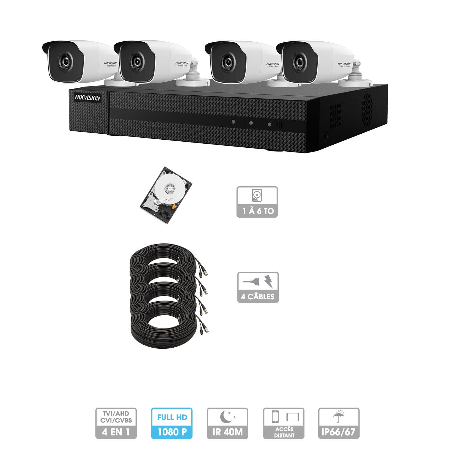 Kit vidéosurveillance 4 caméras 1080P HD | 4 câbles 20 mètres | HDD 1To | Tubes Hiwatch