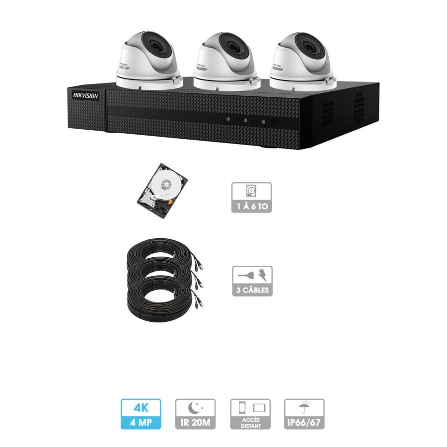 Kit vidéosurveillance 3 caméras | 4MP HD | 3 câbles 20 mètres | HDD 1To | Dômes Hiwatch