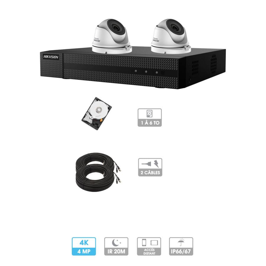 Kit vidéosurveillance 2 caméras | 4MP HD | 2 câbles 20 mètres | HDD 1To | Dômes Hiwatch