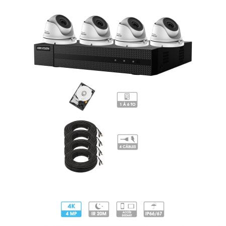Kit vidéosurveillance 4 caméras | 4MP HD | 4 câbles 20 mètres | HDD 1To | Dômes Hiwatch