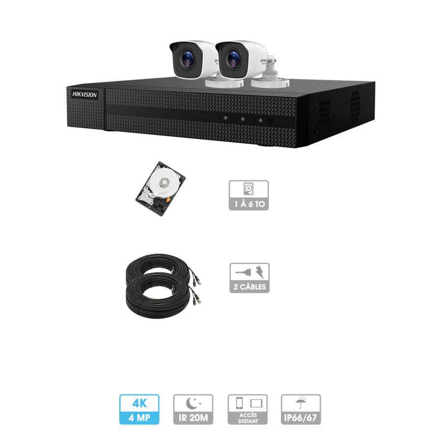 Kit vidéosurveillance 2 caméras | 4MP HD | 2 câbles 20 mètres | HDD 1To | Tube Hiwatch