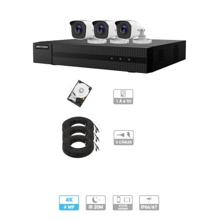 Kit vidéosurveillance 3 caméras | 4MP HD | 3 câbles 20 mètres | HDD 1To | Tube Hiwatch