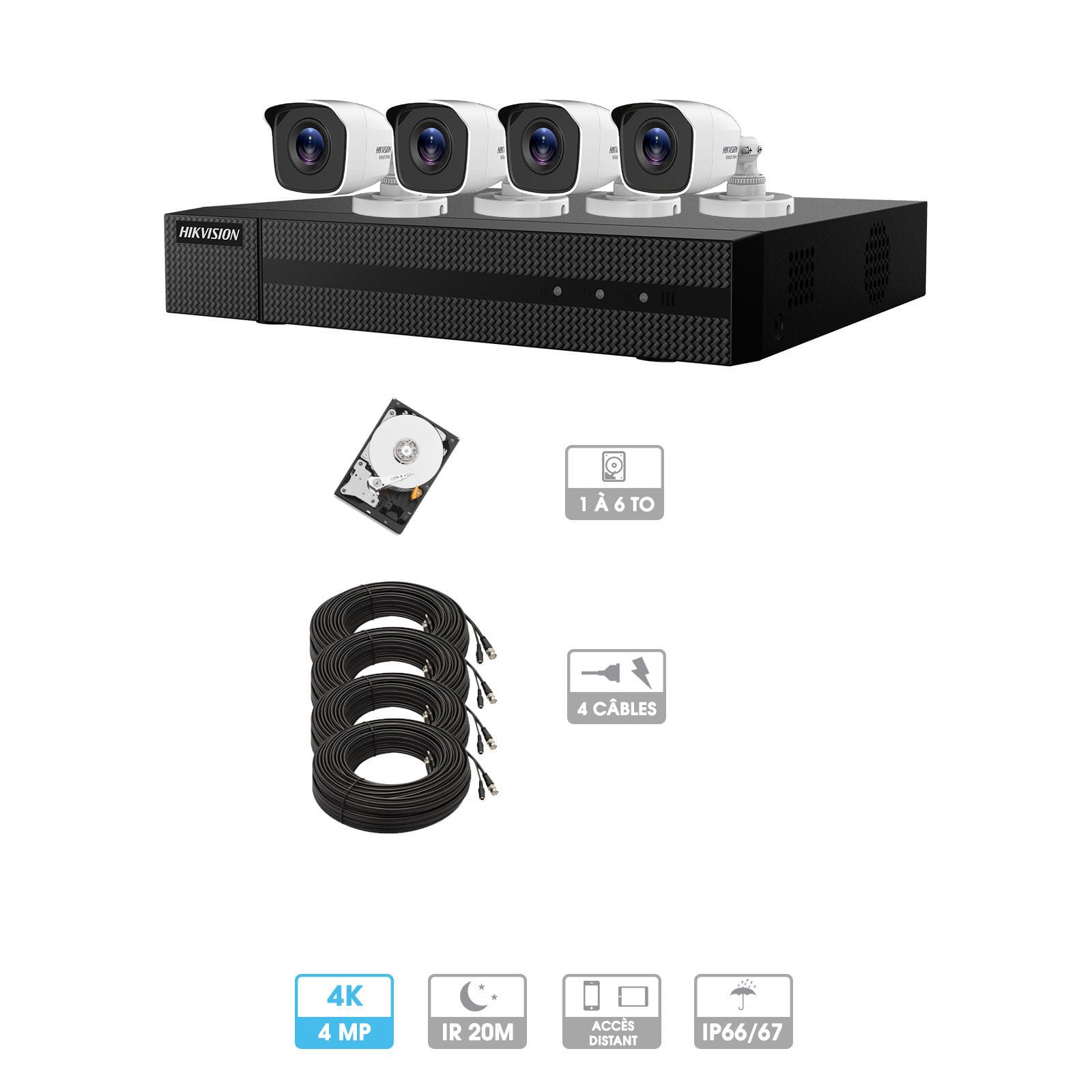 Kit vidéosurveillance 4 caméras | 4MP HD | 4 câbles 20 mètres | HDD 1To | Tube Hiwatch