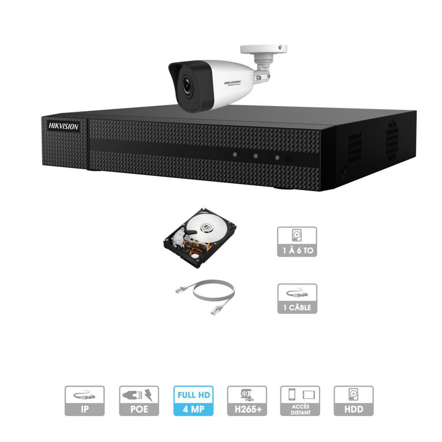 Kit vidéosurveillance 1 caméra | 4 MP | IP PoE | 1 câble RJ45 20/30/40/50 mètres | HDD 1 à 6 To | Tube Hiwatch