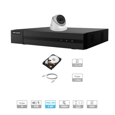 Kit vidéosurveillance 1 caméra | 4 MP | IP PoE | 1 câble RJ45 20/30/40/50 mètres | HDD 1 à 6 To | Dôme Hiwatch