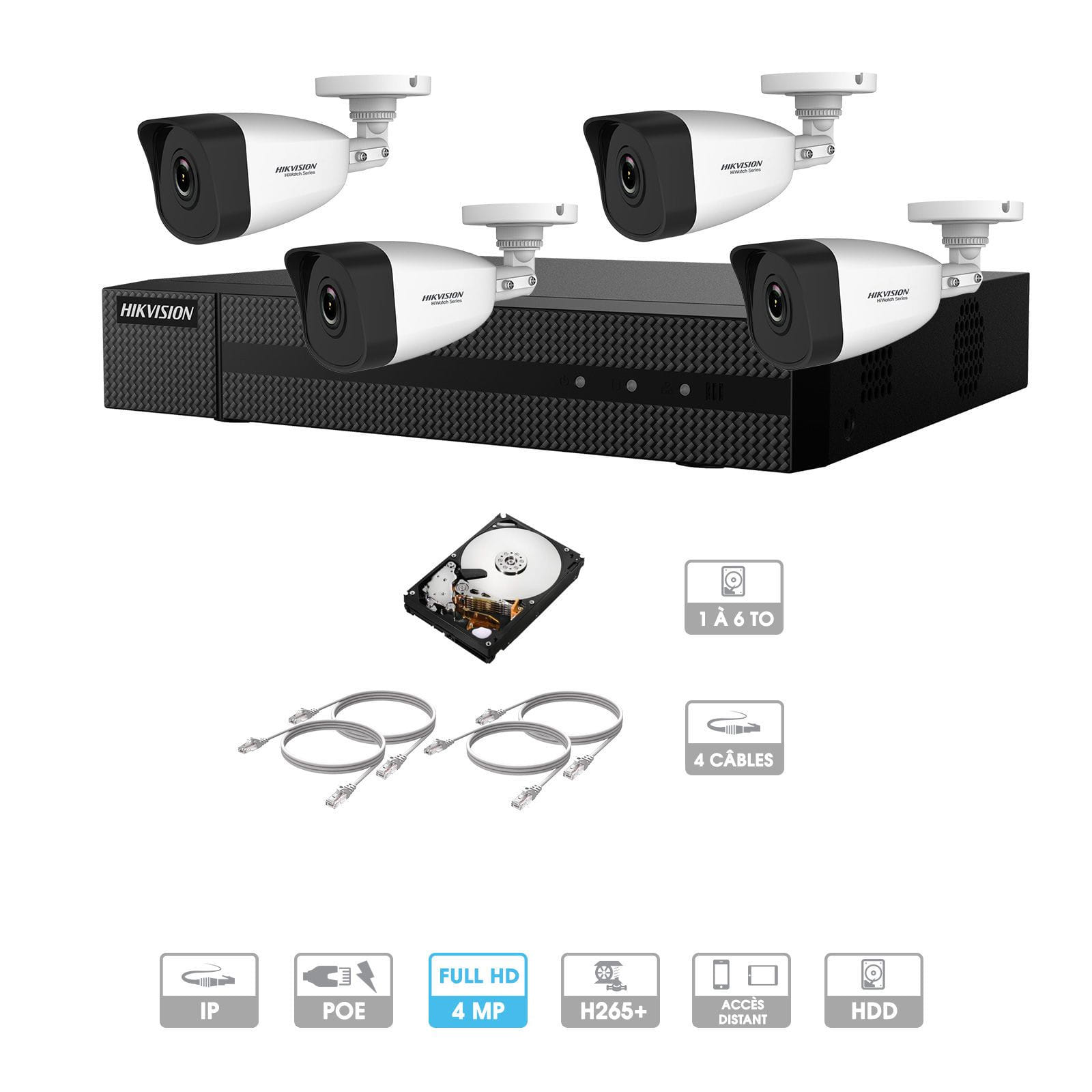 Kit vidéosurveillance 4 caméras | 4 MP | IP PoE | 4 câbles RJ45 20/30/40/50 mètres | HDD 1 à 6 To | Tube Hiwatch