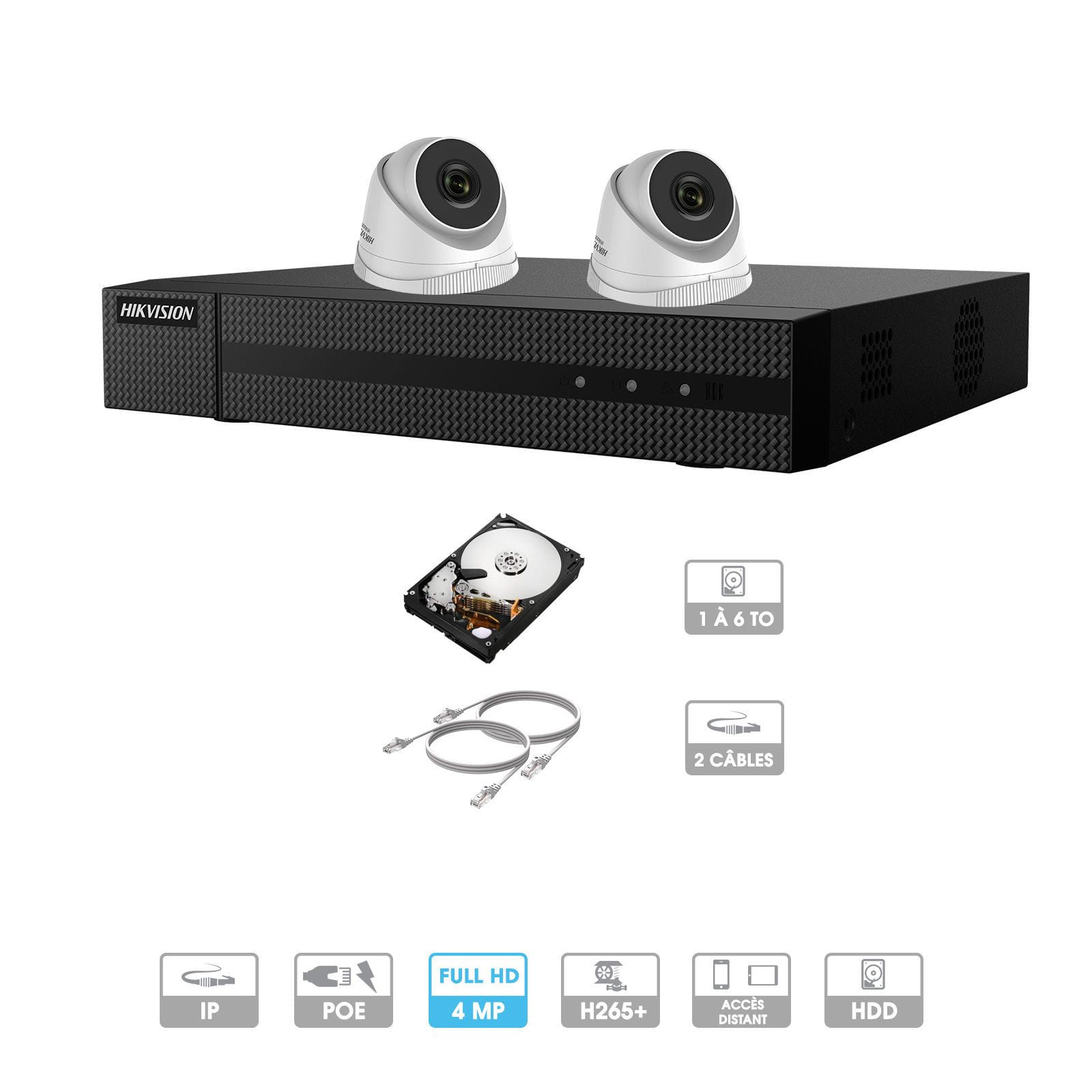 Kit vidéosurveillance 2 caméras | 4 MP | IP PoE | 2 câbles RJ45 20/30/40/50 mètres | HDD 1 à 6 To | Dôme Hiwatch