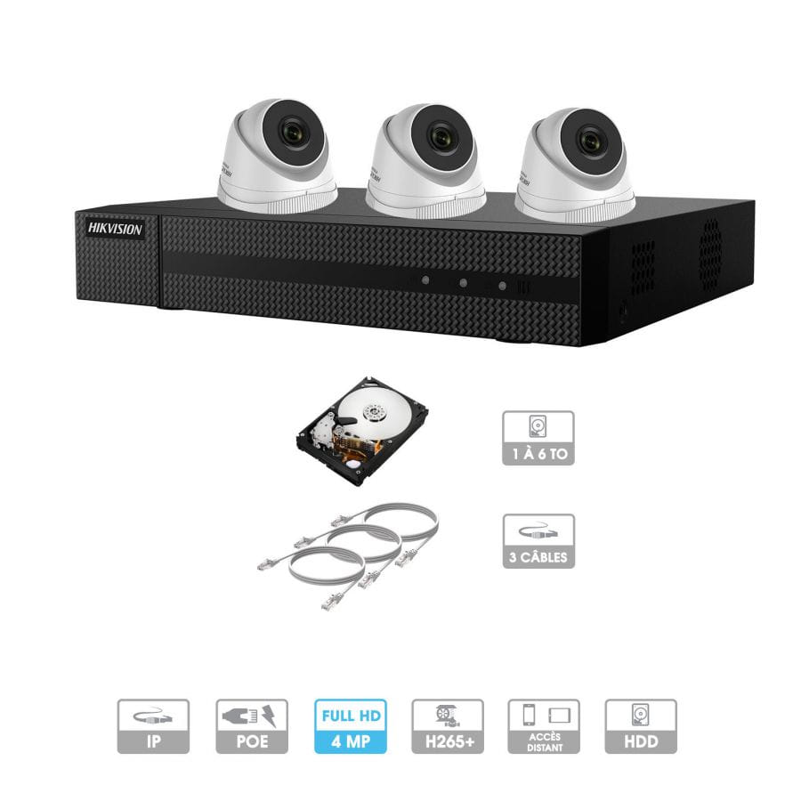 Kit vidéosurveillance 3 caméras | 4 MP | IP PoE | 3 câbles RJ45 20/30/40/50 mètres | HDD 1 à 6 To | Dôme Hiwatch