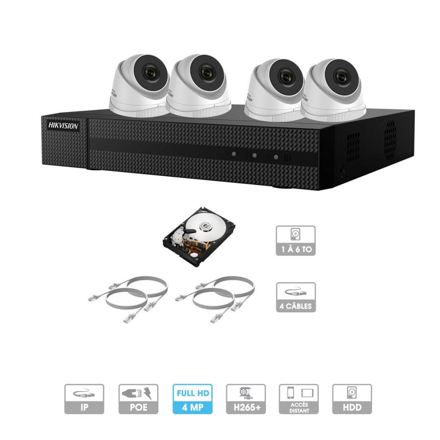 Kit vidéosurveillance 4 caméras | 4 MP | IP PoE | 4 câbles RJ45 20/30/40/50 mètres | HDD 1 à 6 To | Dôme Hiwatch