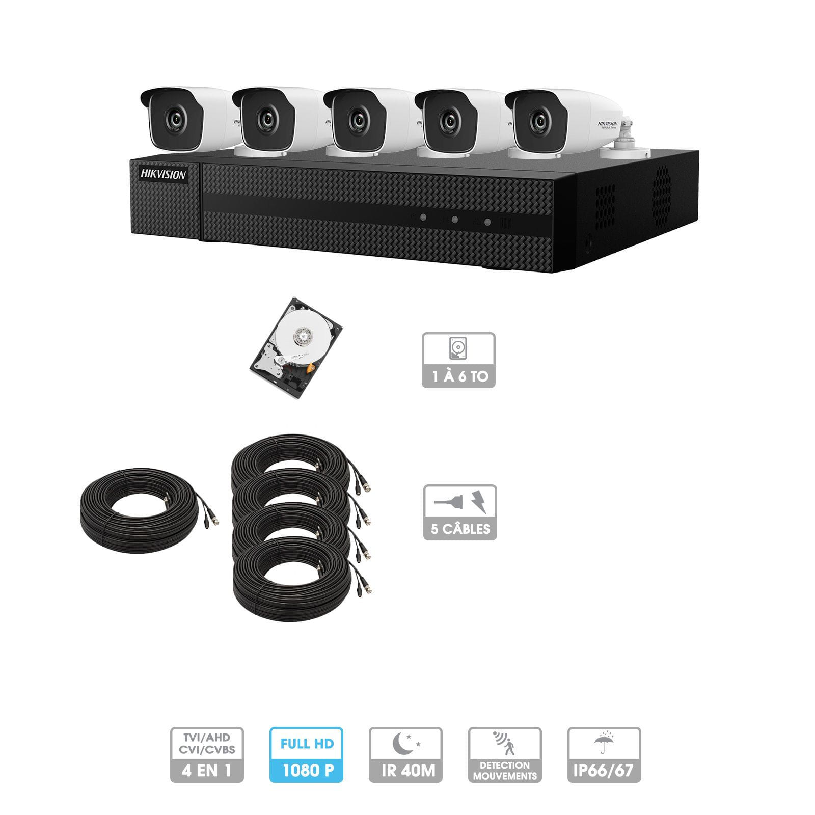Kit vidéosurveillance 5 caméras 1080P HD | 5 câbles 20 mètres | HDD 1To | Tubes Hiwatch