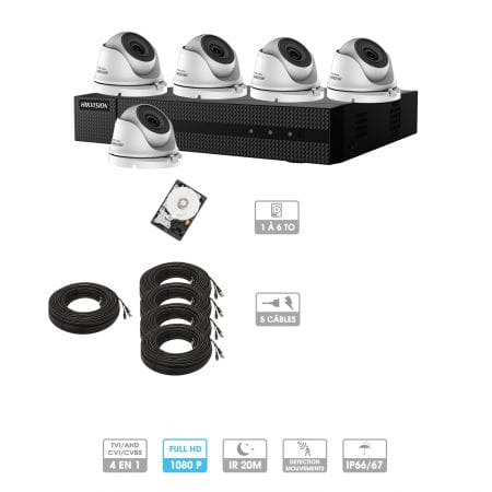 Kit vidéosurveillance 5 caméras 1080P HD | 5 câbles 20 mètres | HDD 1To | Dômes Hiwatch