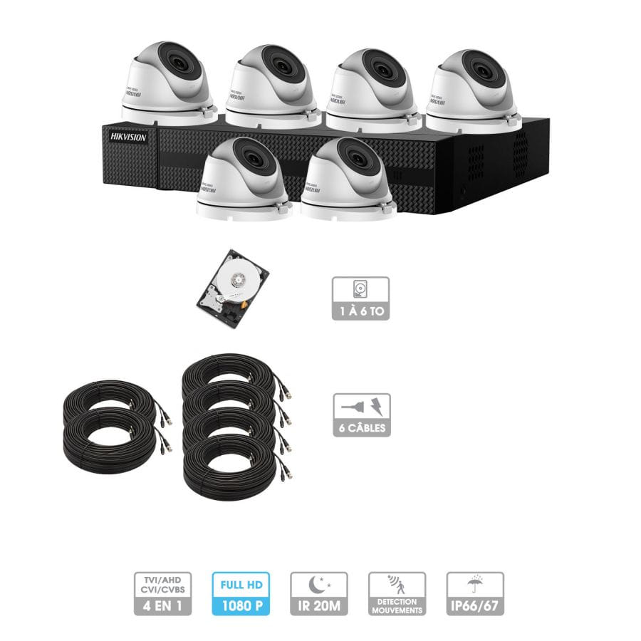 Kit vidéosurveillance 6 caméras 1080P HD | 6 câbles 20 mètres | HDD 1To | Dômes Hiwatch