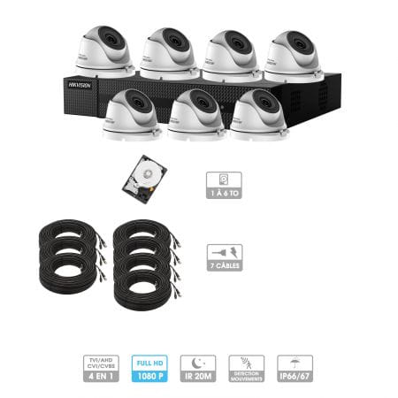 Kit vidéosurveillance 7 caméras 1080P HD | 7 câbles 20 mètres | HDD 1To | Dômes Hiwatch