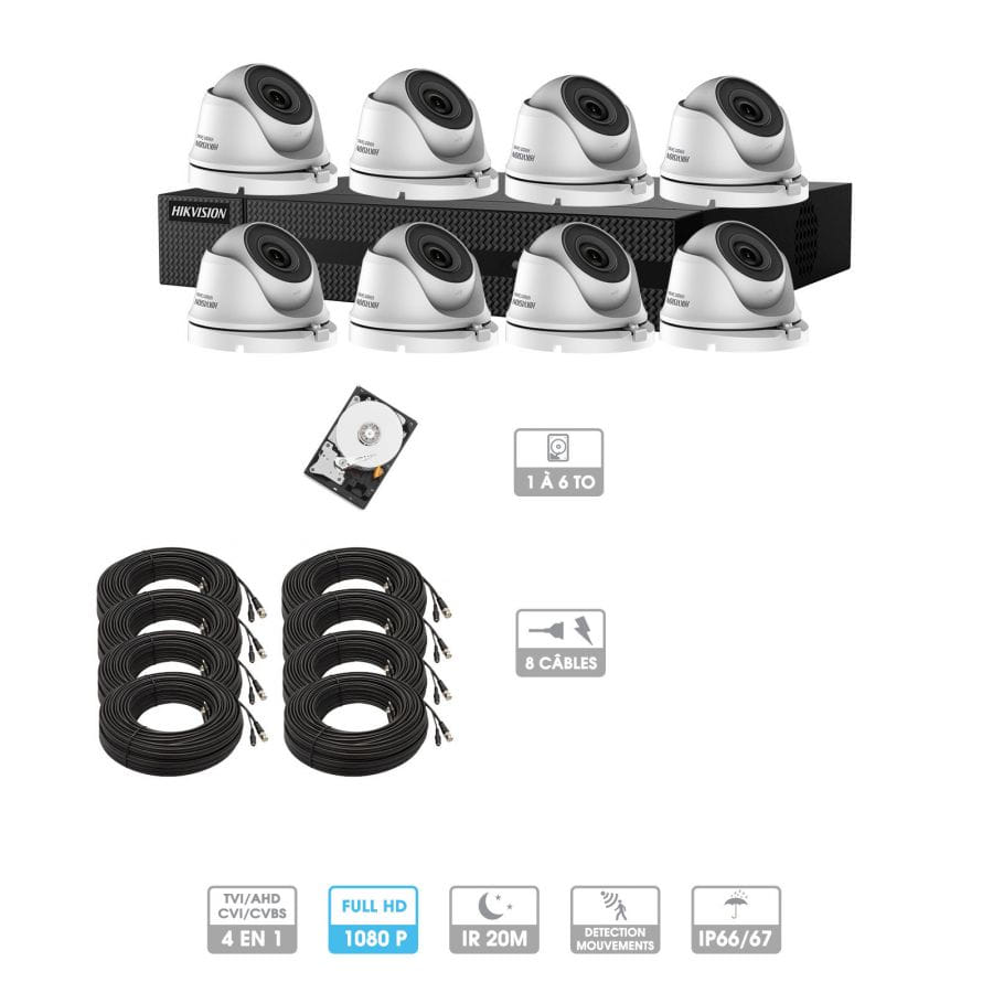 Kit vidéosurveillance 8 caméras 1080P HD | 8 câbles 20 mètres | HDD 1To | Dômes Hiwatch