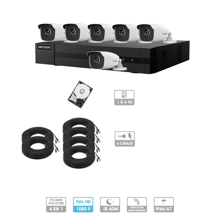 Kit vidéosurveillance 6 caméras 1080P HD | 6 câbles 20 mètres | HDD 1To | Tubes Hiwatch