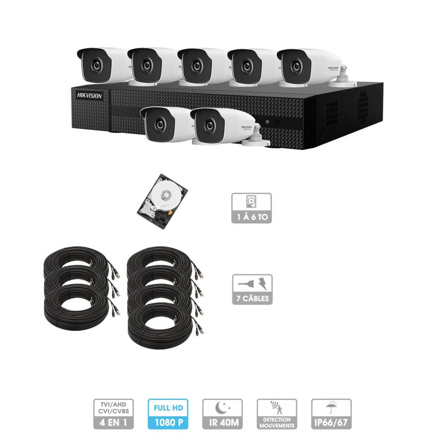 Kit vidéosurveillance 7 caméras 1080P HD | 7 câbles 20 mètres | HDD 1To | Tubes Hiwatch