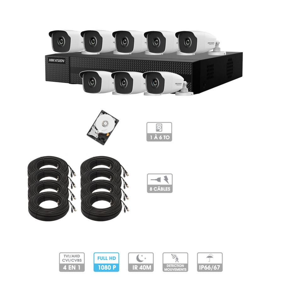 Kit vidéosurveillance 8 caméras 1080P HD | 8 câbles 20 mètres | HDD 1To | Tubes Hiwatch