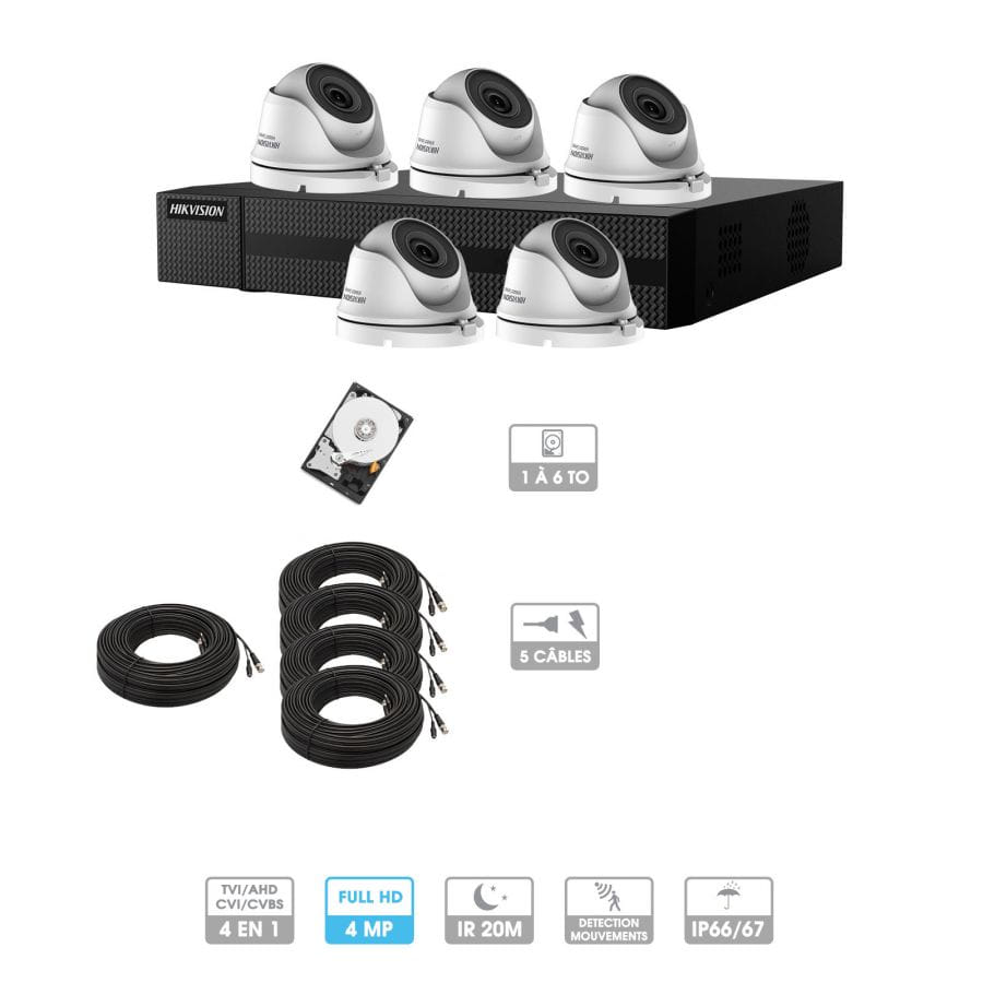 Kit vidéosurveillance 5 caméras | 4MP HD | 5 câbles 20 mètres | HDD 1To | Dômes Hiwatch