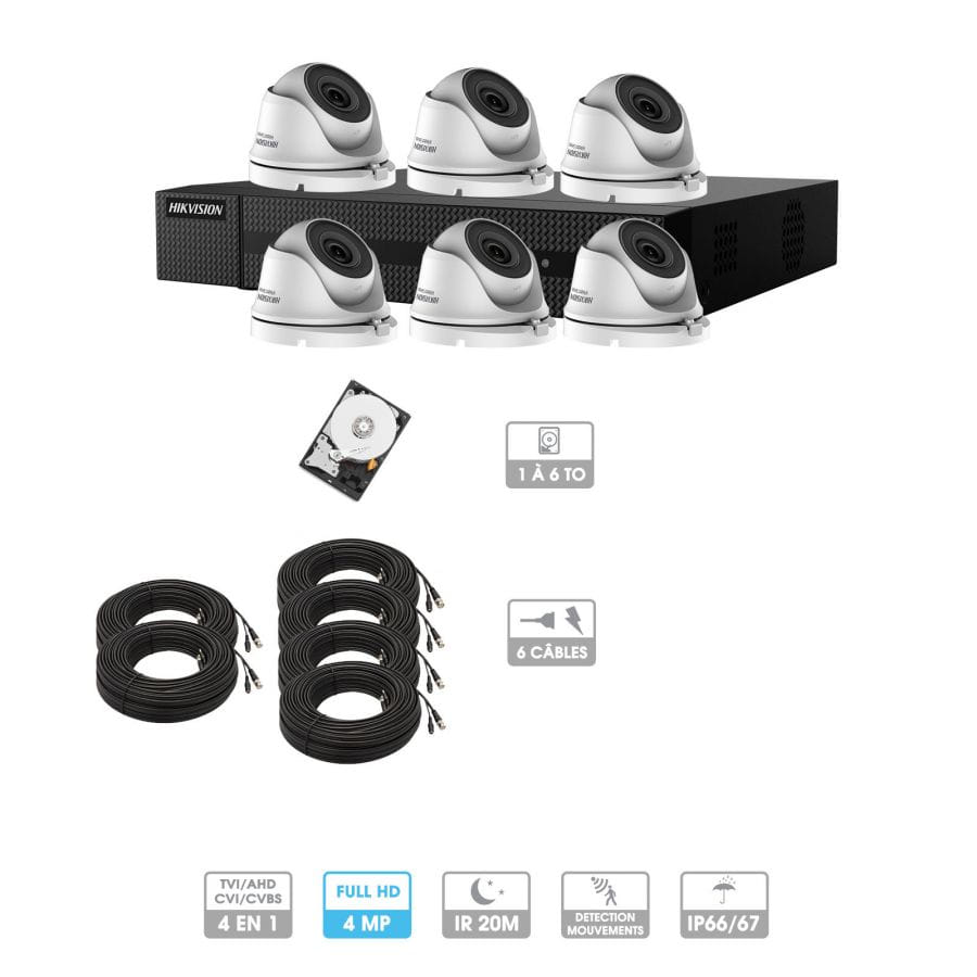 Kit vidéosurveillance 6 caméras | 4MP HD | 6 câbles 20 mètres | HDD 1To | Dômes Hiwatch